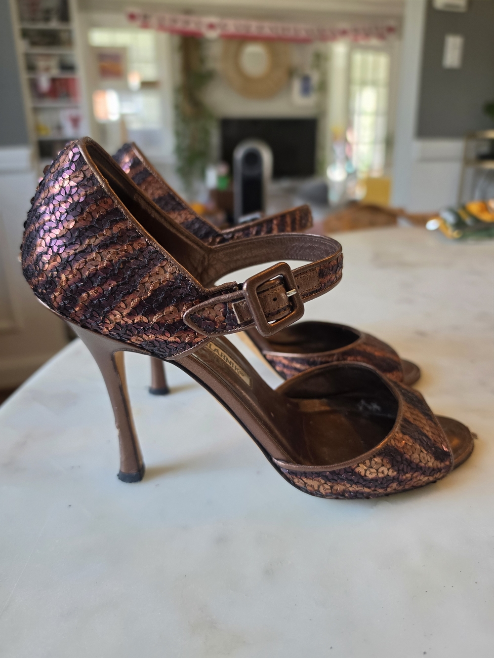 Vintage Manolo Blahnik Bronze Sequin Leather Ankle-Strap Sandals Size 38/8